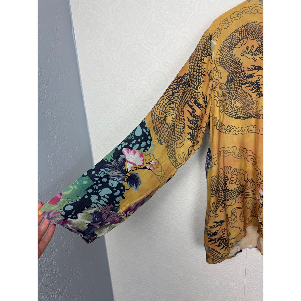 Citron Santa Monica Silk Dragon Floral Blouse Yellow Mandarin Collar Large - Picture 2 of 6